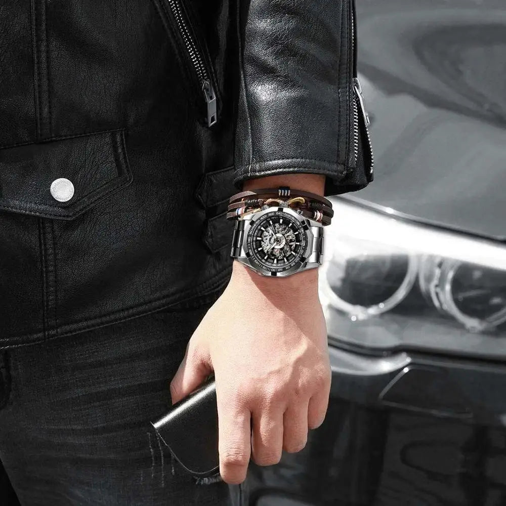 Forsining 2025 Stainless Steel Waterproof Mens Skeleton Watches