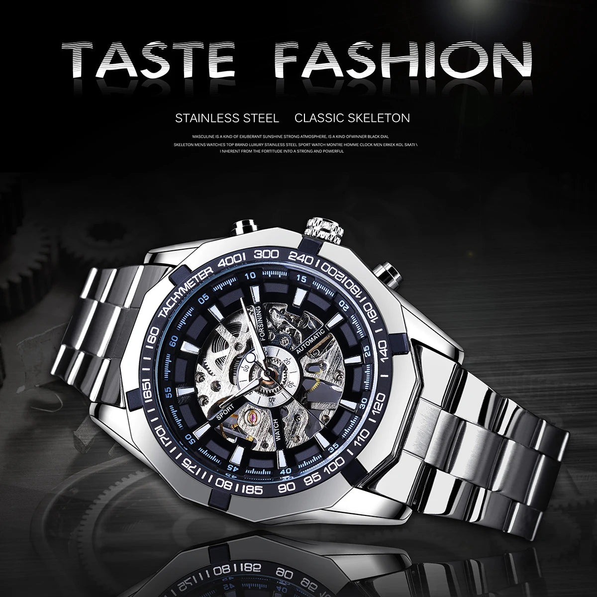 Forsining 2025 Stainless Steel Waterproof Mens Skeleton Watches