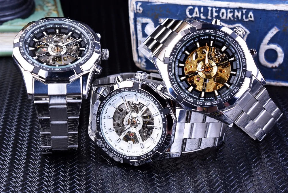 Forsining 2025 Stainless Steel Waterproof Mens Skeleton Watches
