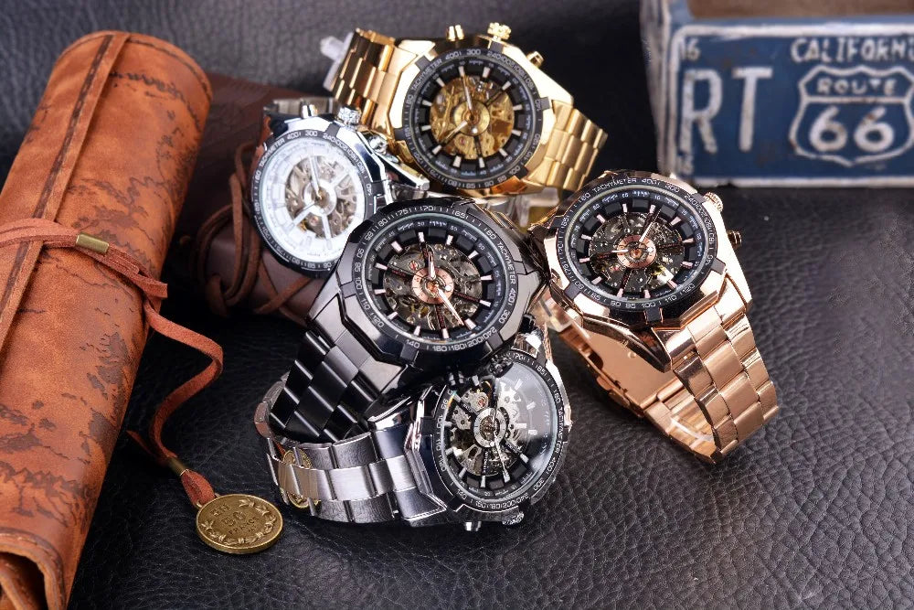 Forsining 2025 Stainless Steel Waterproof Mens Skeleton Watches