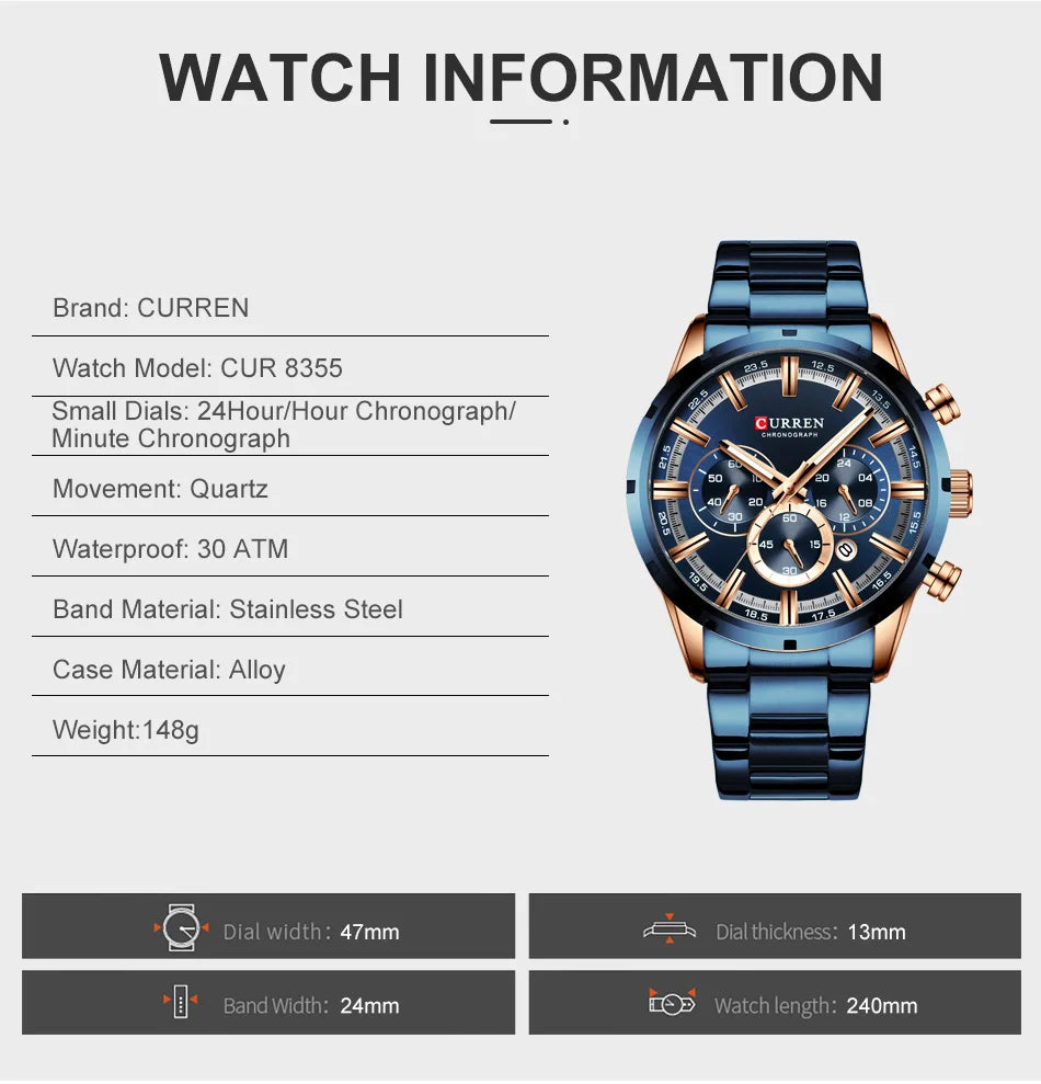 CURREN Men Watch Top Brand Luxury Sports Quartz Mens Watches Full Steel Waterproof
