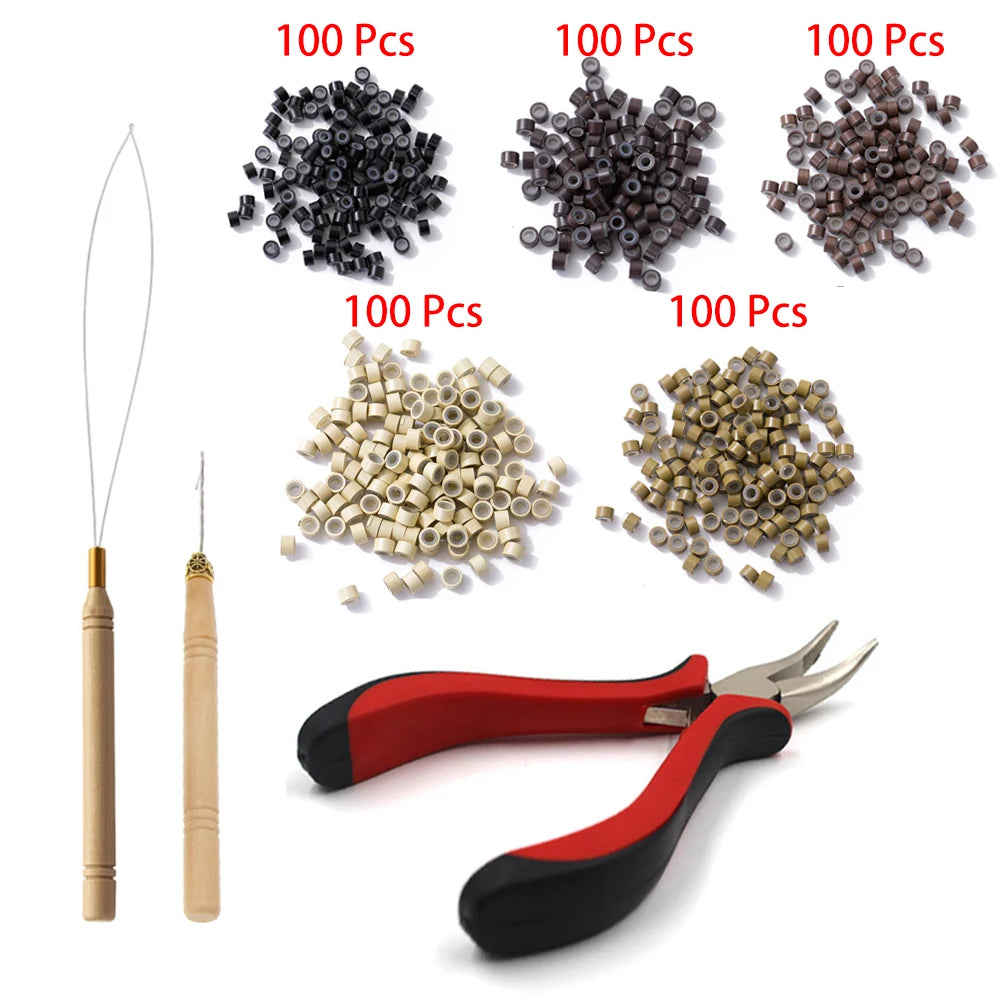 Hair Extensions Tools Kit 500 Pcs Black Dark Brown Light Brown Gold Micro Ring Beads 1 Micro Beads Plier 1 Hook Needle Pulling