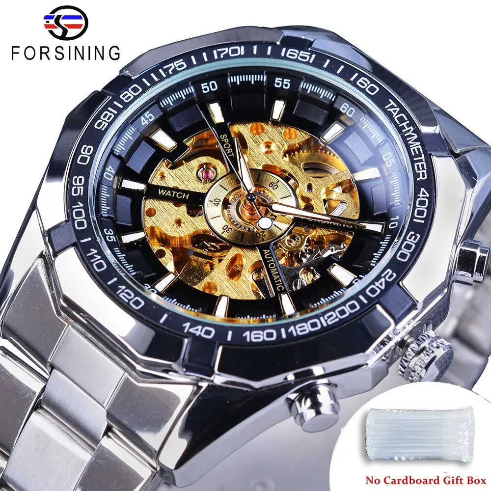 Forsining 2025 Stainless Steel Waterproof Mens Skeleton Watches