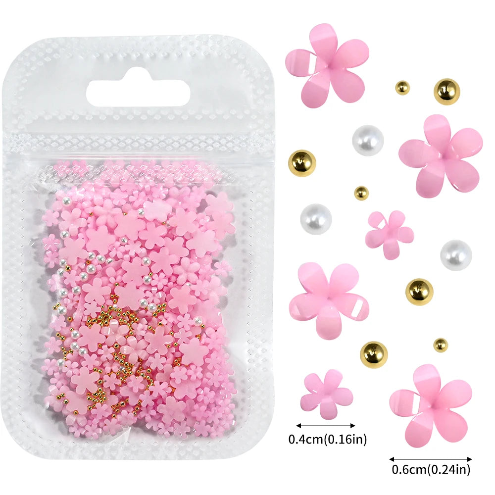5G (450pcs) White Pink Blossom Spring Acrylic Flower Nail Rhinestones Mixed Pearl Beads 3D Floral Nail Gems White Resin Nail Par