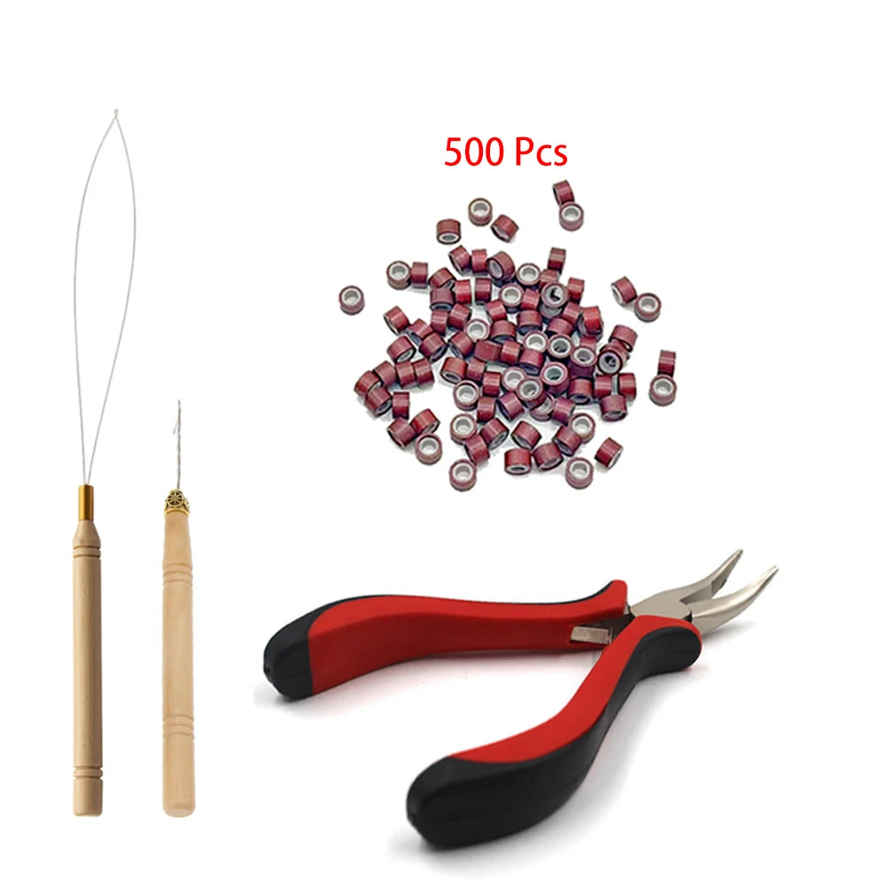 Hair Extensions Tools Kit 500 Pcs Black Dark Brown Light Brown Gold Micro Ring Beads 1 Micro Beads Plier 1 Hook Needle Pulling