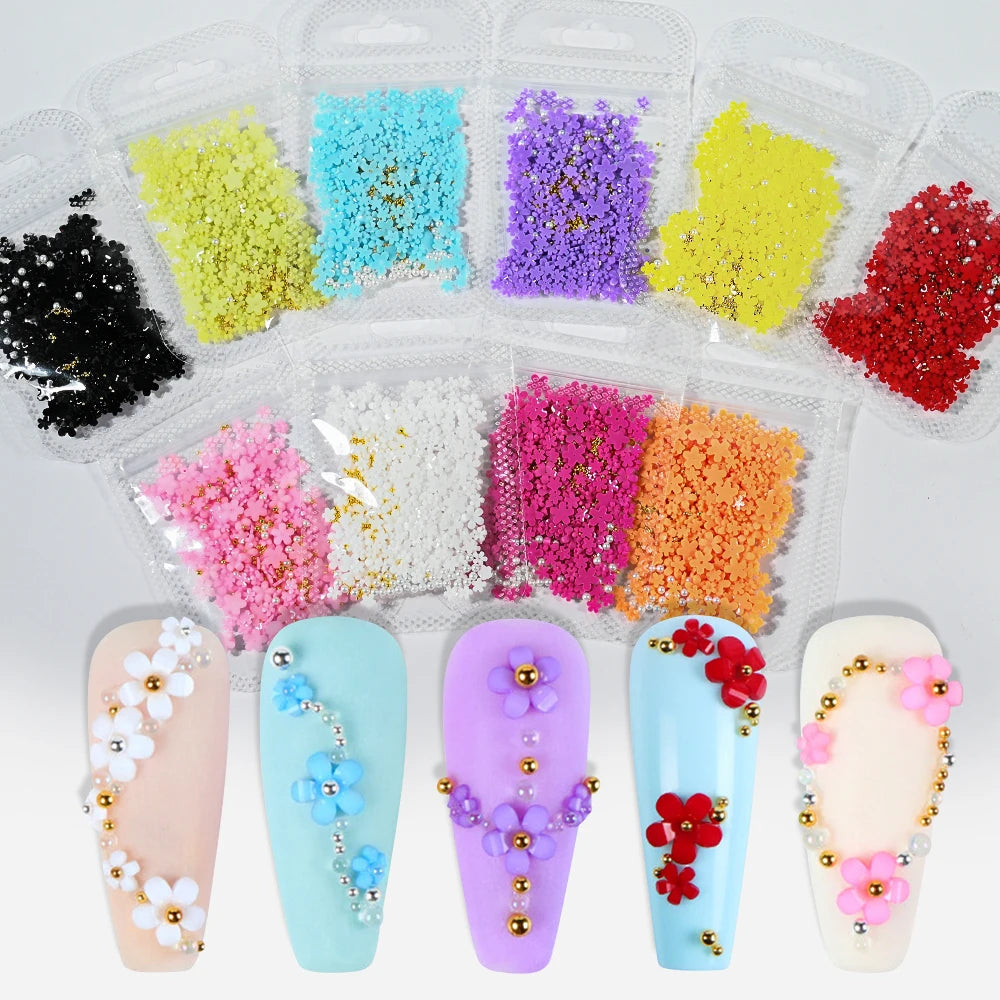 5G (450pcs) White Pink Blossom Spring Acrylic Flower Nail Rhinestones Mixed Pearl Beads 3D Floral Nail Gems White Resin Nail Par