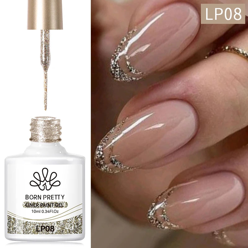 BORN PRETTY 10ml Glitter Silver Liner Paint Gel Nail Polish Line Stripe Gel Vernis Semi Permanent for Drawing Line French Nails