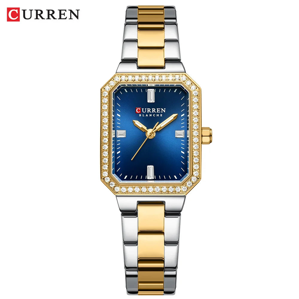 CURREN Luxury Brand Watches for Women Simple Rectangular Dial with Sparkling Rhinestones Casual Quartz Wristwatch with Luminous
