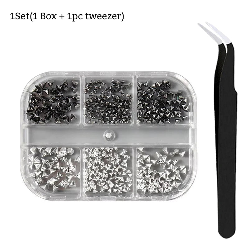 6 Grids Punk Nail Rivets Spikes Metal Studs Gold/Silver/Black Round Cone Nail Art Charms Mixed Size Nail Parts DIY Decoration