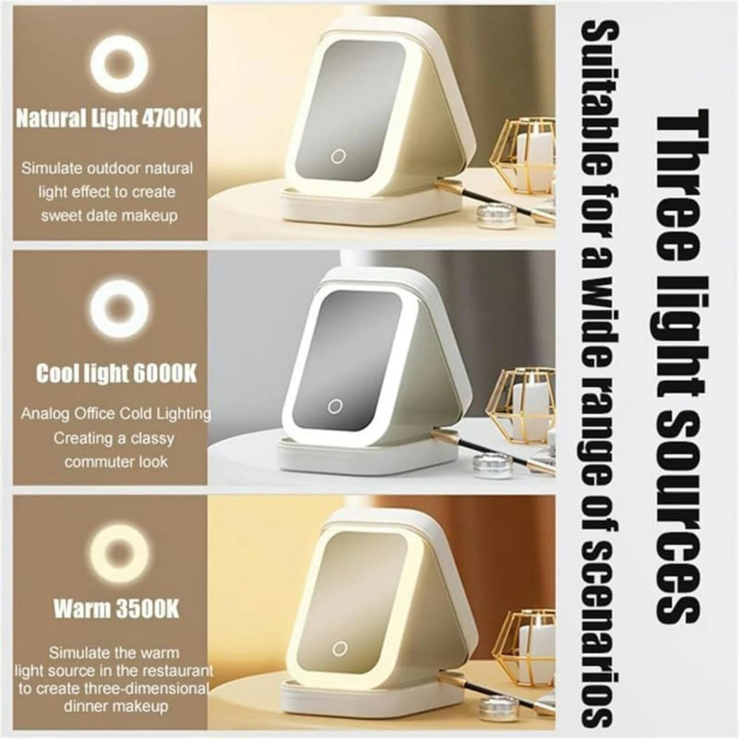 White Portable Travel Makeup Bag with LED Mirror & Rechargeable Lighted Makeup Mirror Adjustable Three-Color LED Make