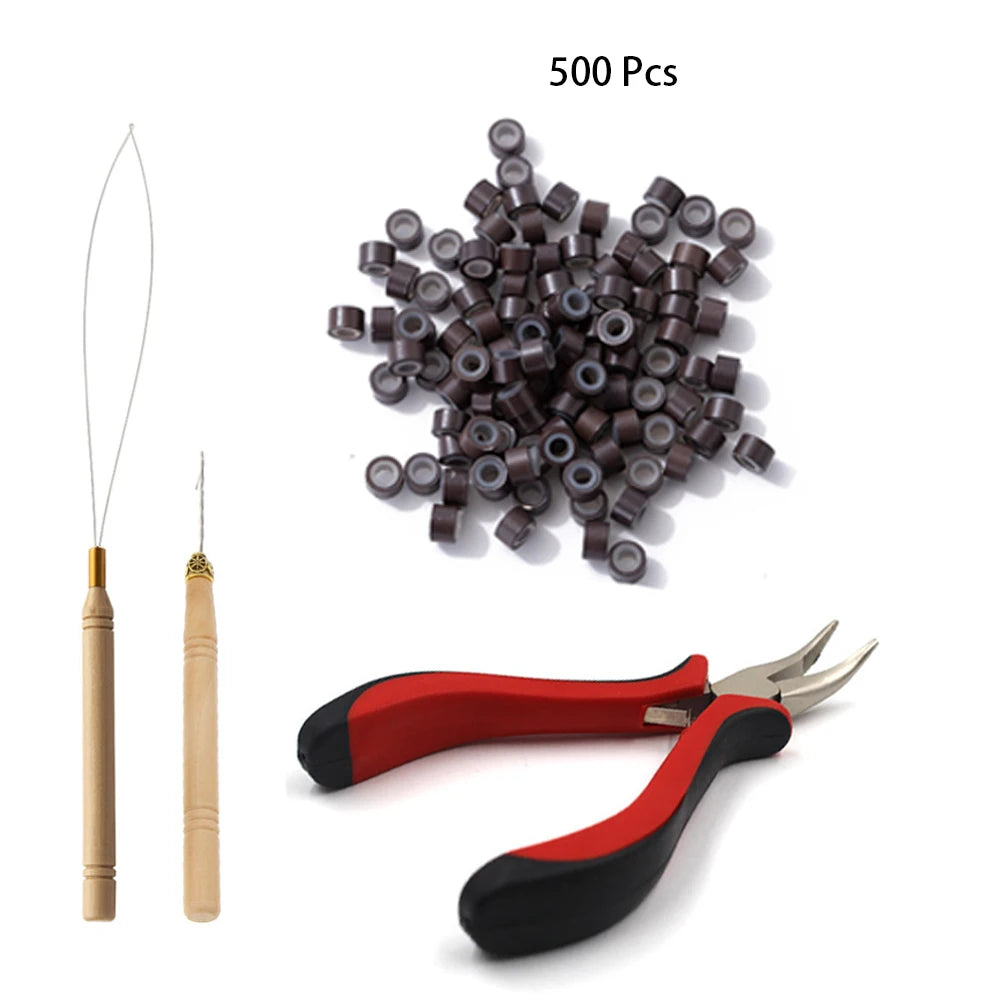 Hair Extensions Tools Kit 500 Pcs Black Dark Brown Light Brown Gold Micro Ring Beads 1 Micro Beads Plier 1 Hook Needle Pulling