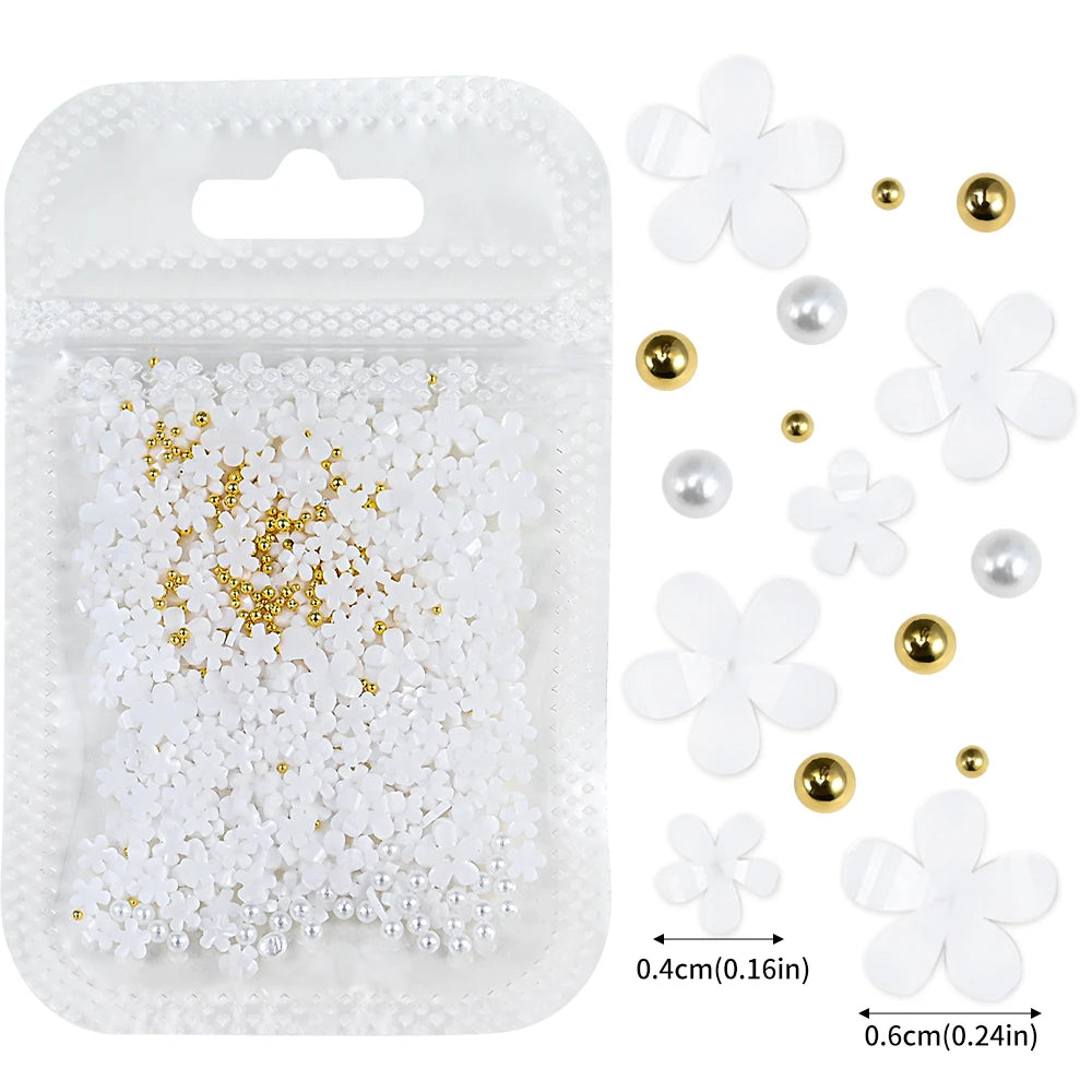 5G (450pcs) White Pink Blossom Spring Acrylic Flower Nail Rhinestones Mixed Pearl Beads 3D Floral Nail Gems White Resin Nail Par