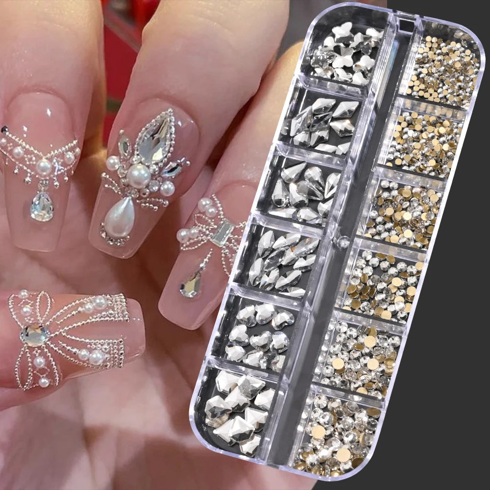 12Grids SS6-SS30 Mixed Nail Rhinestones Shiny Clear/Gold/Pink/Blue Diamond Flat-back Nail Gems Glass Stones Nails Decoration