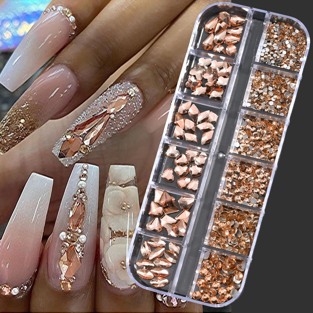 12Grids SS6-SS30 Mixed Nail Rhinestones Shiny Clear/Gold/Pink/Blue Diamond Flat-back Nail Gems Glass Stones Nails Decoration