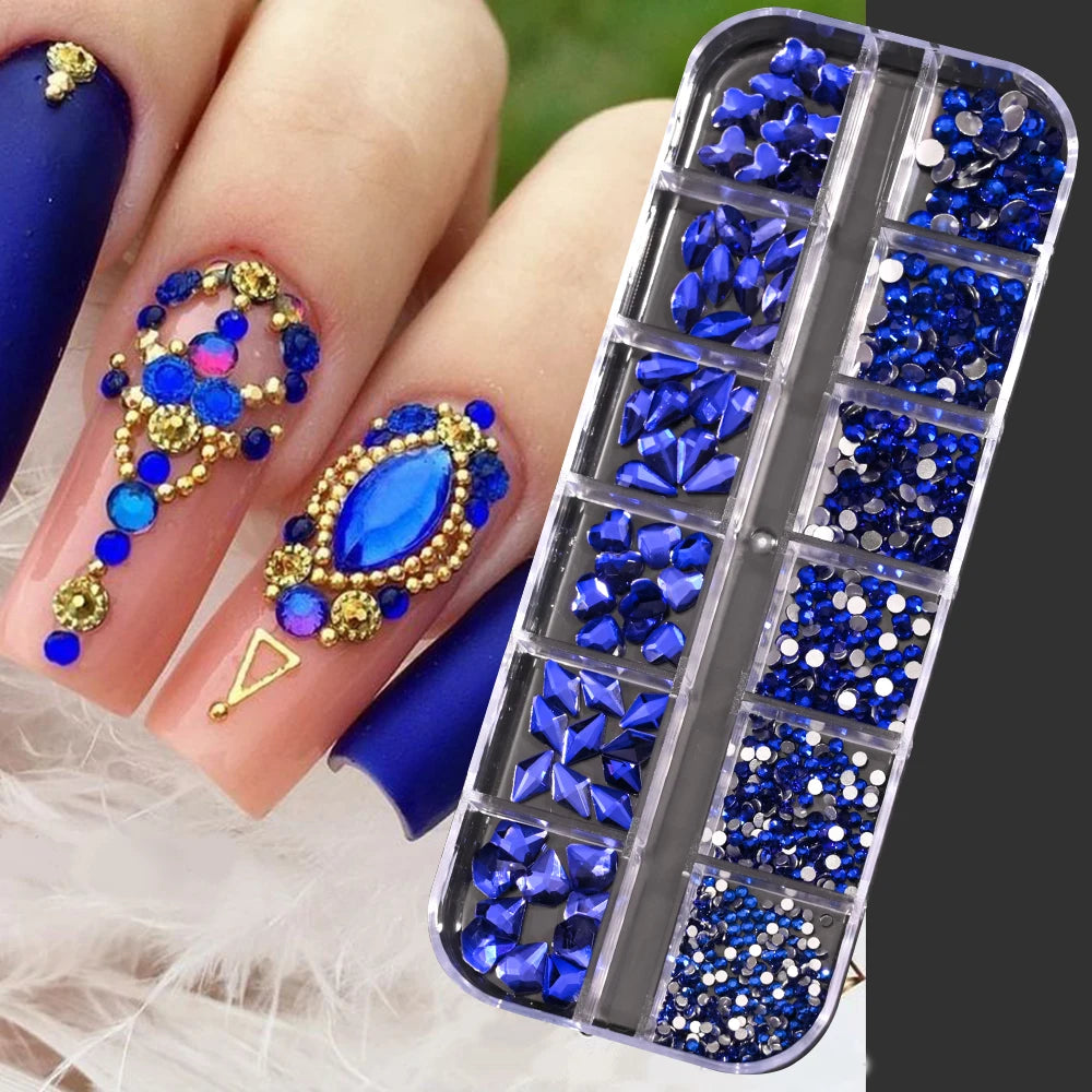 12Grids SS6-SS30 Mixed Nail Rhinestones Shiny Clear/Gold/Pink/Blue Diamond Flat-back Nail Gems Glass Stones Nails Decoration