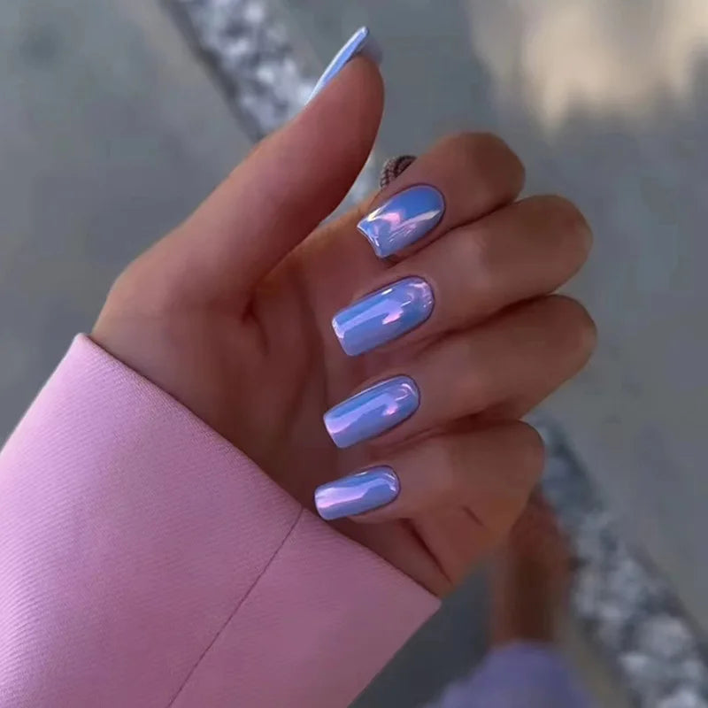 24Pcs Aurora Fake Nail with Glue Mid-length Square Head Design False Nails Simple Fashion Press on Nails Full Cover Nail Tips