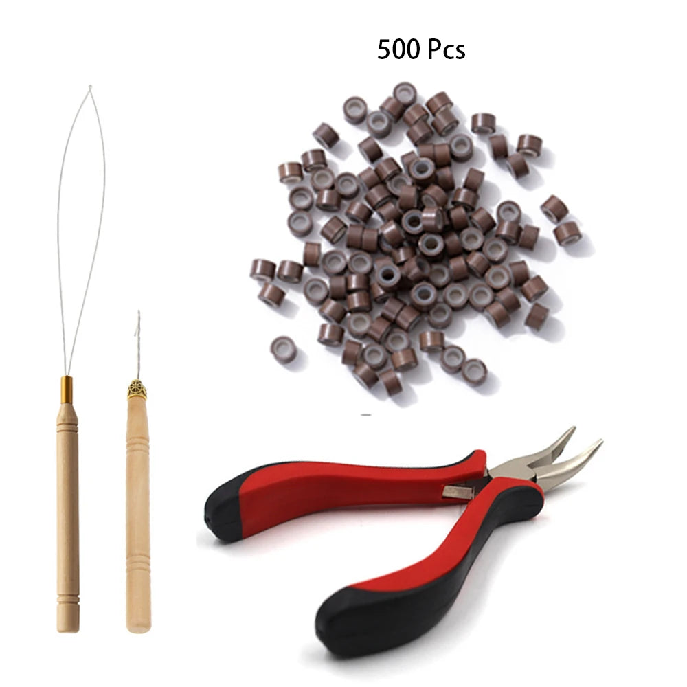 Hair Extensions Tools Kit 500 Pcs Black Dark Brown Light Brown Gold Micro Ring Beads 1 Micro Beads Plier 1 Hook Needle Pulling