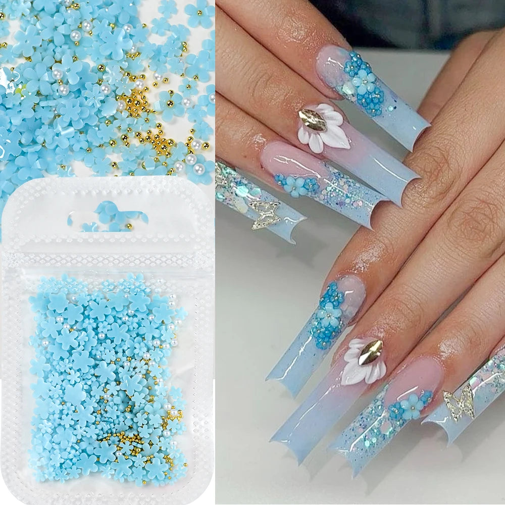 5G (450pcs) White Pink Blossom Spring Acrylic Flower Nail Rhinestones Mixed Pearl Beads 3D Floral Nail Gems White Resin Nail Par