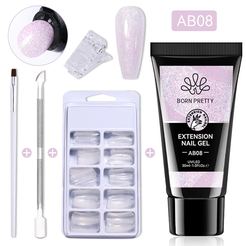 BORN PRETTY 30ml Glitter Acrylic Gel Finger Extension Nail Polish Silver Pink Extension Gel Polish Soak Off Nail Slip Solution