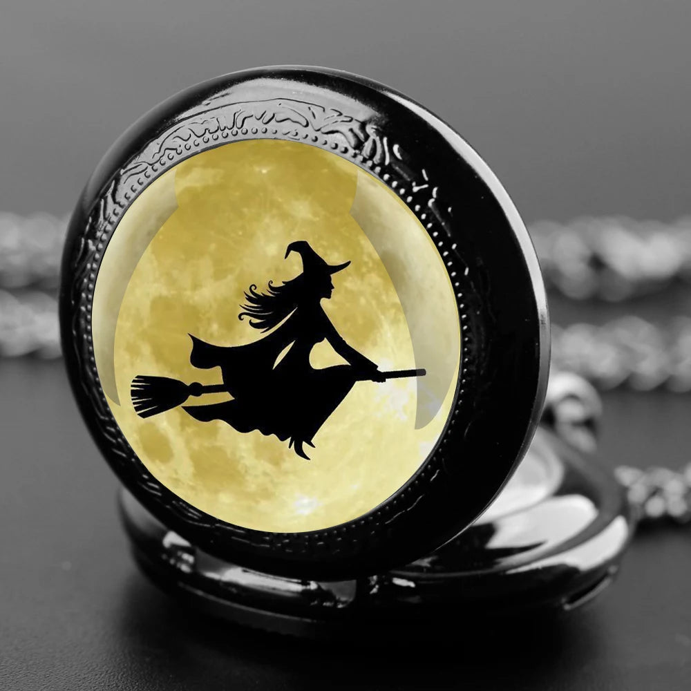 A Witch on A Broomstick Glass Dome Quartz Pocket Watch With Durable Chain Arabic Numeral Dial Halloween Gifts for Men Women Kids