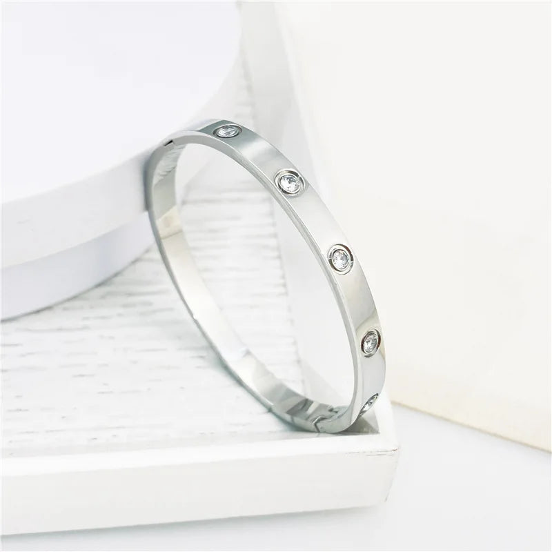 New Design Gold Color Zircon And Cross Nut Nail Bracelet Gold & Bangle For Woman Stainless Steel Screw Brand Jewelry