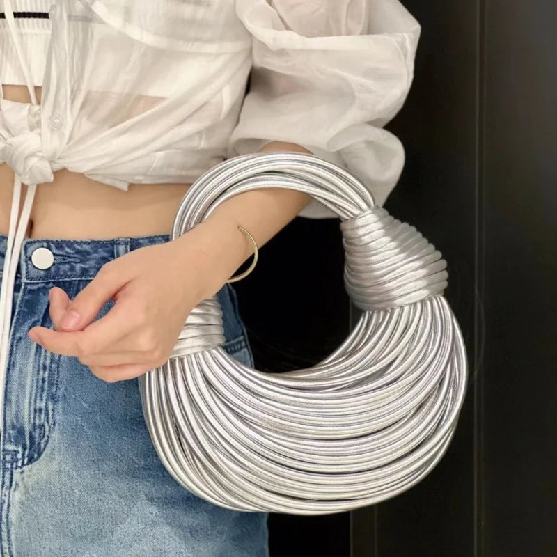 Gold Luxury Designer Brand Handwoven Noodle Bags Rope Knotted Pulled Hobo Silver Evening Clutch Chic