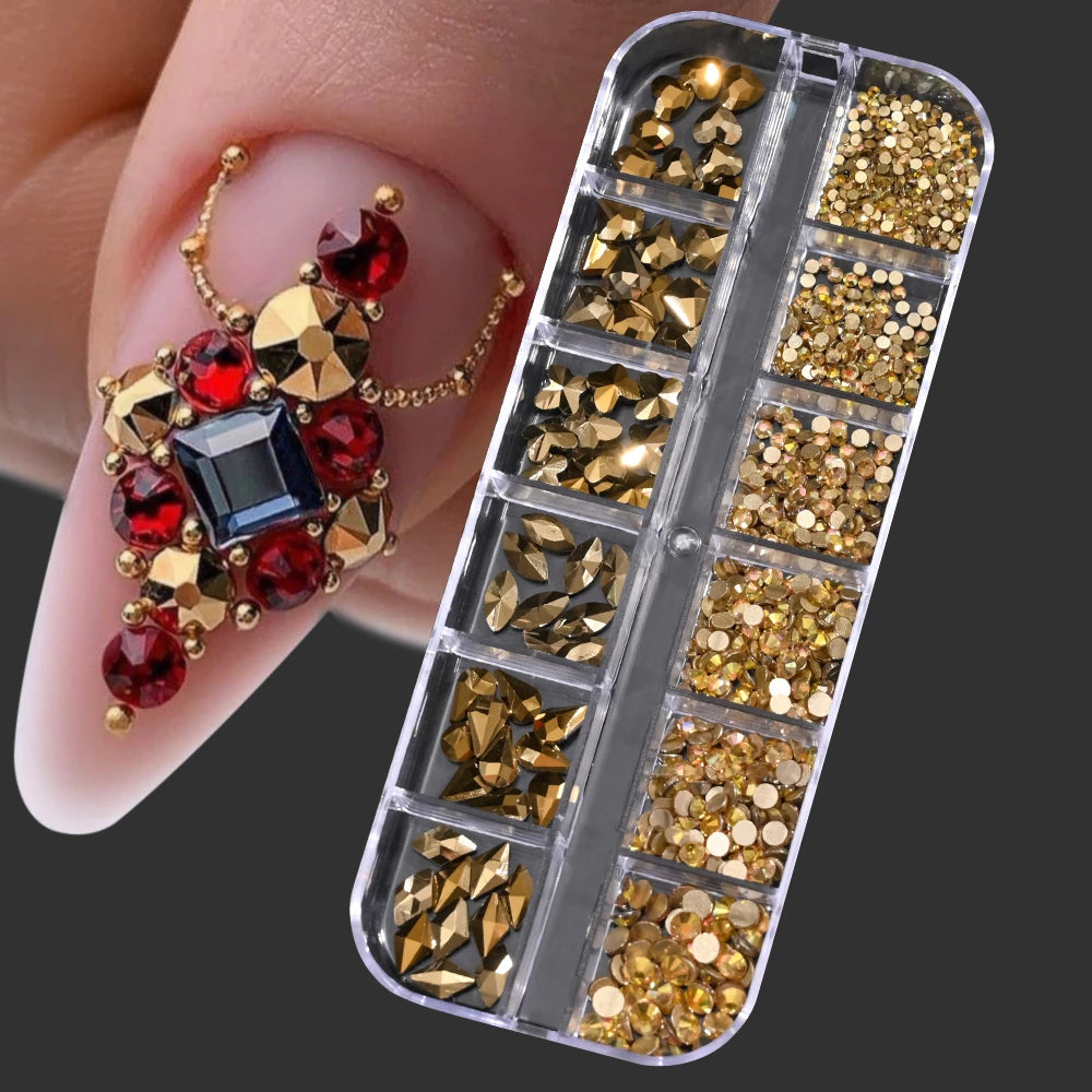 12Grids SS6-SS30 Mixed Nail Rhinestones Shiny Clear/Gold/Pink/Blue Diamond Flat-back Nail Gems Glass Stones Nails Decoration