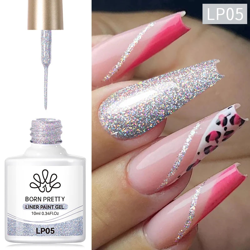 BORN PRETTY 10ml Glitter Silver Liner Paint Gel Nail Polish Line Stripe Gel Vernis Semi Permanent for Drawing Line French Nails