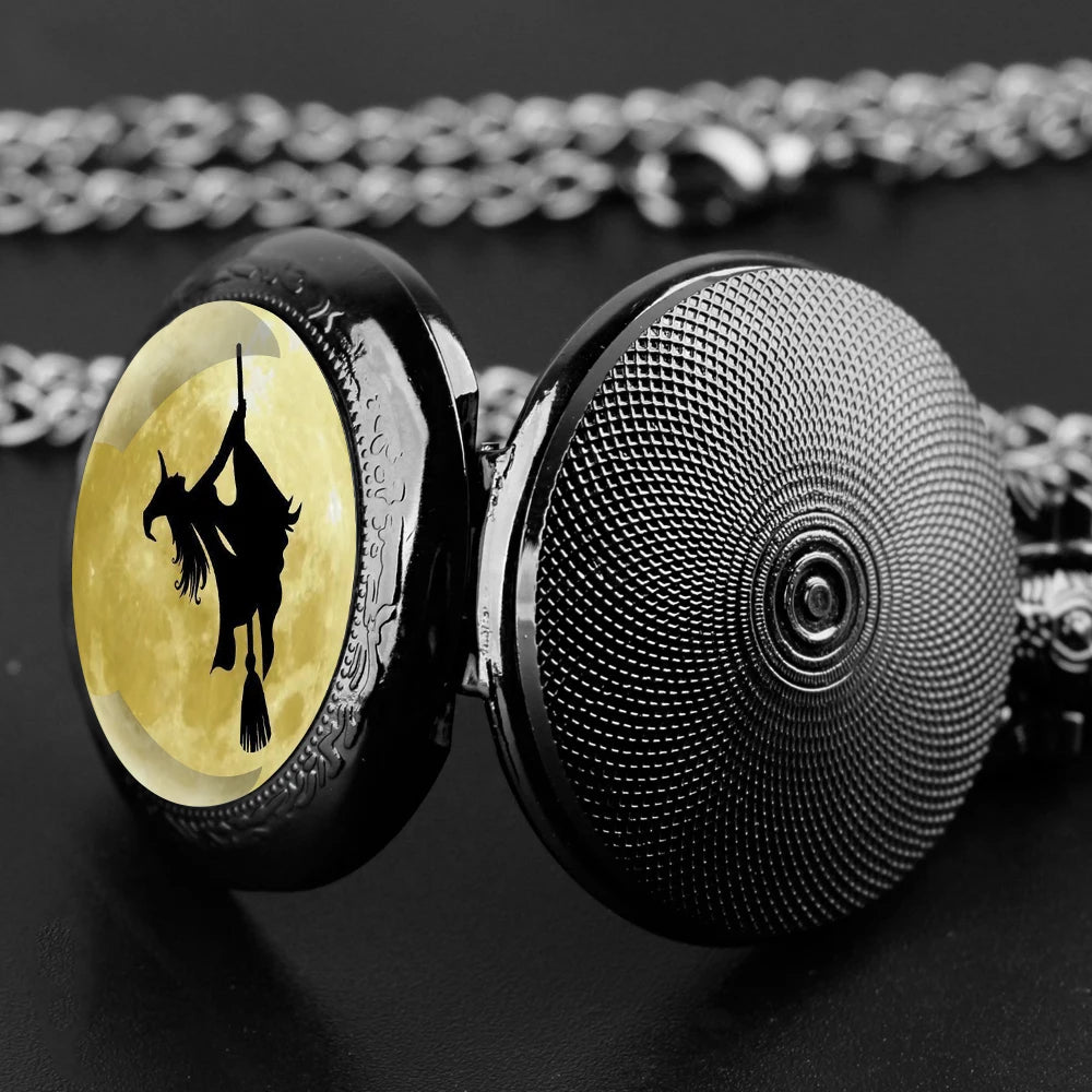 A Witch on A Broomstick Glass Dome Quartz Pocket Watch With Durable Chain Arabic Numeral Dial Halloween Gifts for Men Women Kids