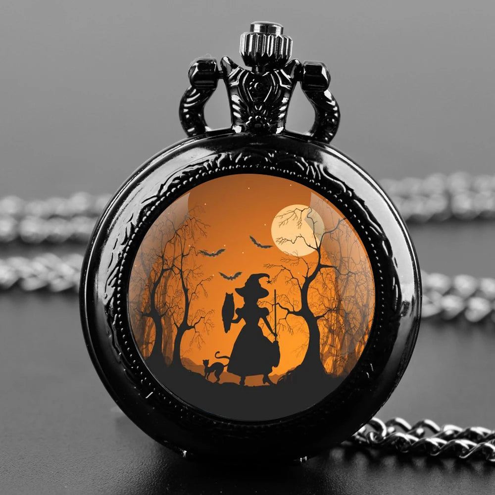Halloween Witch Glass Dome Black Quartz Pocket Watch with Arabic Numerals Dial and Durable Chain Gift for Men Women