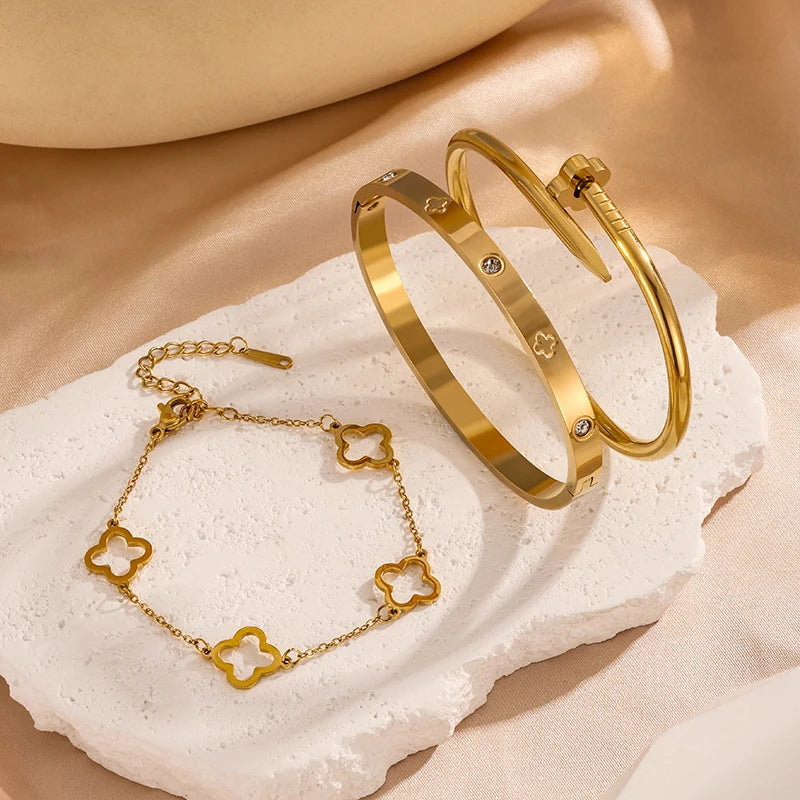 Luxurious Exquisite Flower Stainless Steel Bracelet Set Is Suitable For Travel, Parties, Banquets And Fashionable Jewelry