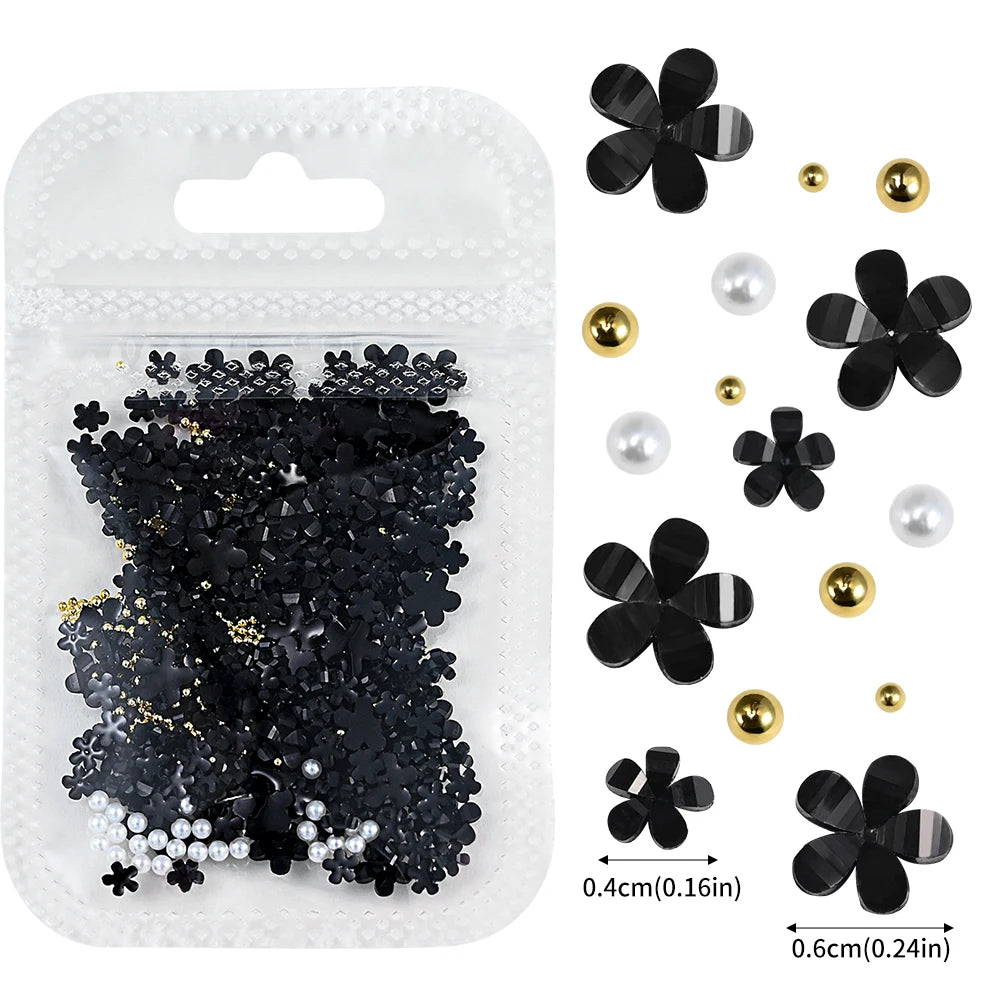 5G (450pcs) White Pink Blossom Spring Acrylic Flower Nail Rhinestones Mixed Pearl Beads 3D Floral Nail Gems White Resin Nail Par