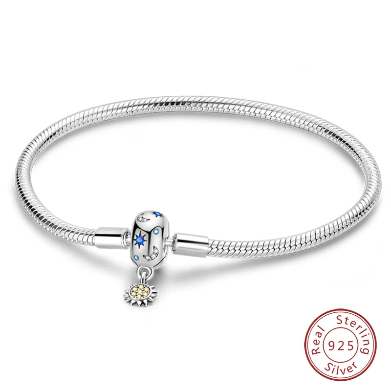 Bracelet Silver 925 Original 17-20CM Star Moon Sun Four Leaf Clover Green Zircon Bracelets Fit DIY Charms Birthday Jewelry Gifts