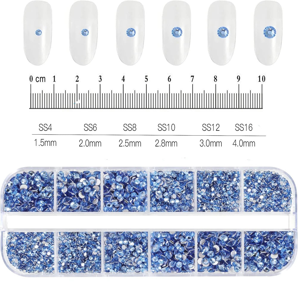 12Grids SS6-SS30 Mixed Nail Rhinestones Shiny Clear/Gold/Pink/Blue Diamond Flat-back Nail Gems Glass Stones Nails Decoration