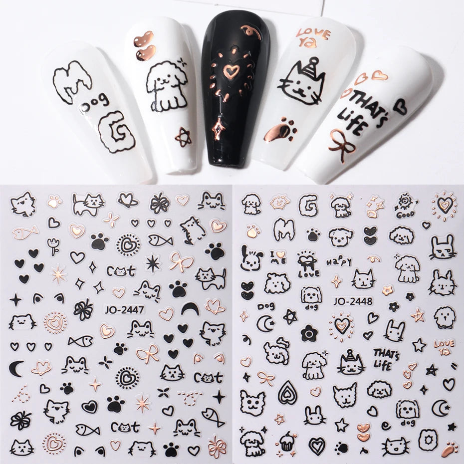 2Pcs Cartoon Cute Cat Nail Childlike Stickers Holographic Love Heart Bronzing Star Sliders Silver Chrome Nail Art Manicure Decor