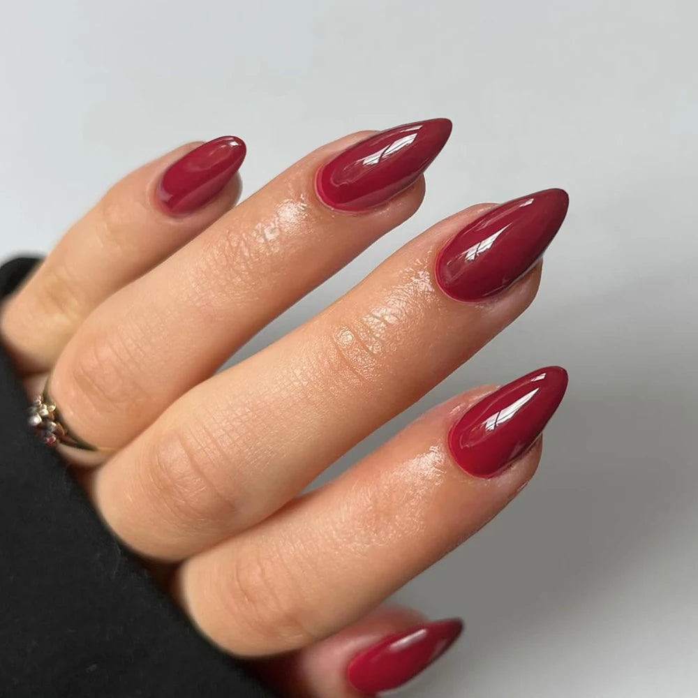ARTAUG 24PCS Press On Nails Short Almond Wine Red High Saturation Fake Press On Nails Korean Press On Nails Valentine'S Day
