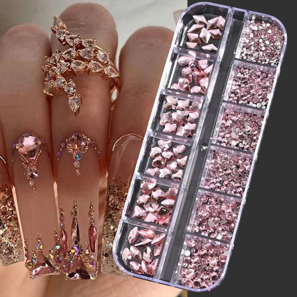 12Grids SS6-SS30 Mixed Nail Rhinestones Shiny Clear/Gold/Pink/Blue Diamond Flat-back Nail Gems Glass Stones Nails Decoration