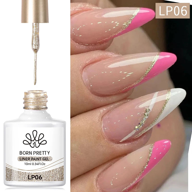 BORN PRETTY 10ml Glitter Silver Liner Paint Gel Nail Polish Line Stripe Gel Vernis Semi Permanent for Drawing Line French Nails