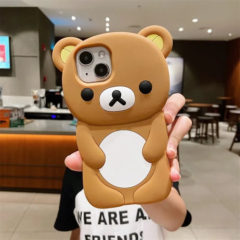 For iPhone X XS XR 7 8 SE 16 15 Pro Max 14 Plus 13 Pro 12 Mini 11 3D Rilakkuma Bear Cartoon Silicon Back Couple Soft Phone Case