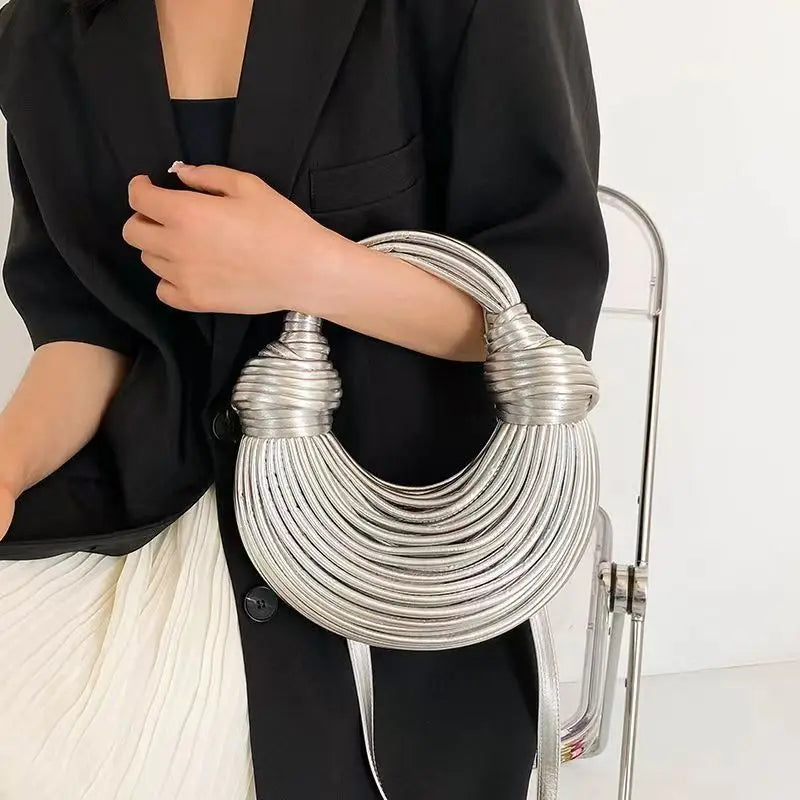 Gold Luxury Designer Brand Handwoven Noodle Bags Rope Knotted Pulled Hobo Silver Evening Clutch Chic
