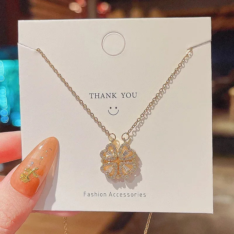 Small and Versatile Light Luxury No Fading Four Leaf Clover Lucky Heartdetachable Pendant Two Fashionable Collarbone Chains