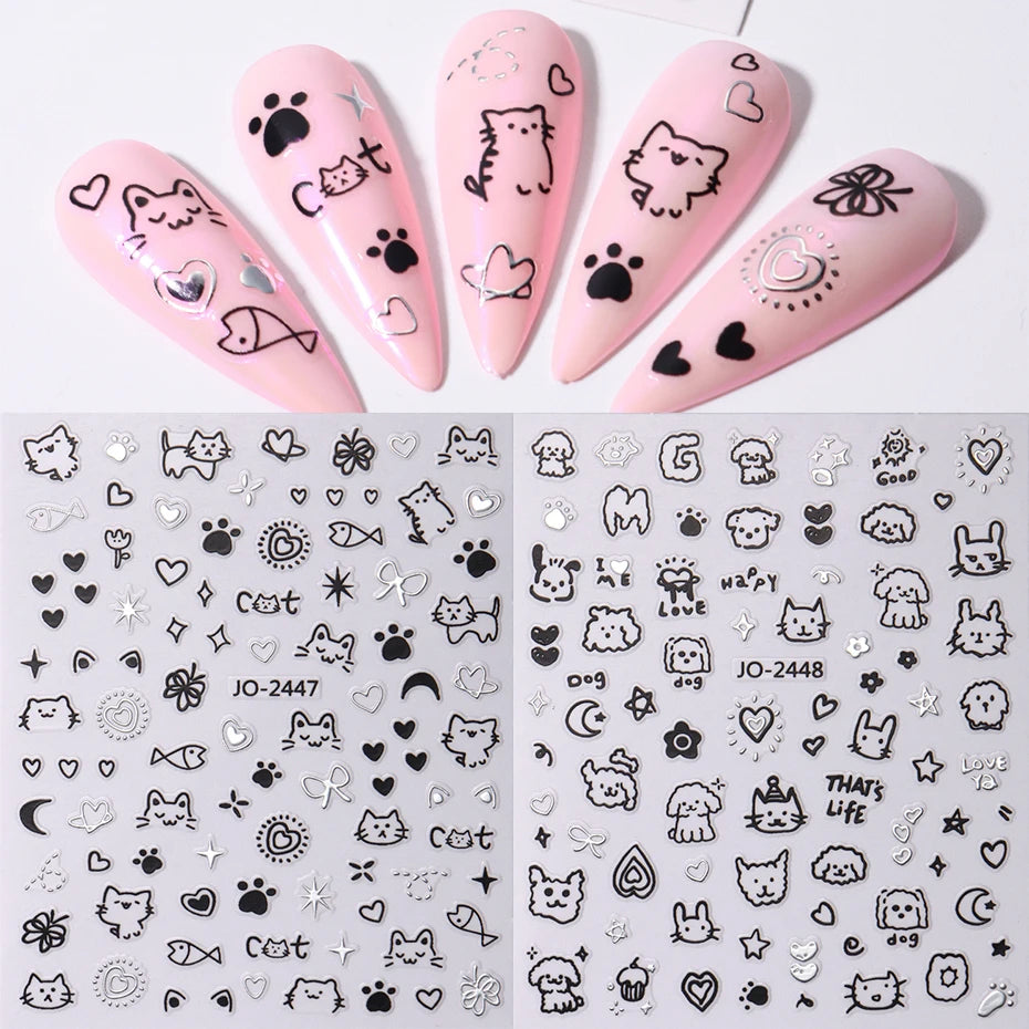 2Pcs Cartoon Cute Cat Nail Childlike Stickers Holographic Love Heart Bronzing Star Sliders Silver Chrome Nail Art Manicure Decor