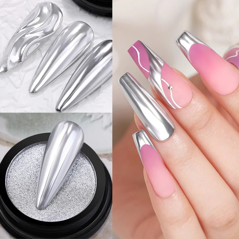 1Box Moonlight Mirror Nail Powder Silver Fine Glitter Metallic Effect Pigment UV Gel Polish Chrome Dust Aurora Nail Decorations
