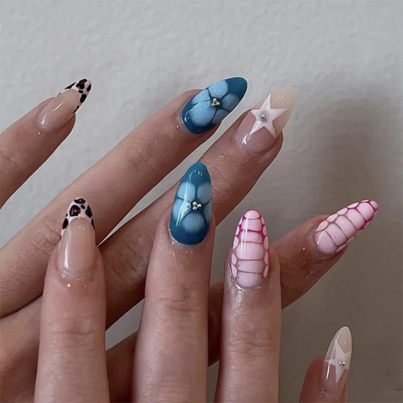 24pcs White Flower Fake Nail Tips Ins Yellow Pink Blush False Nails Wearable Full Cover European Almond Shaped Press on Nails