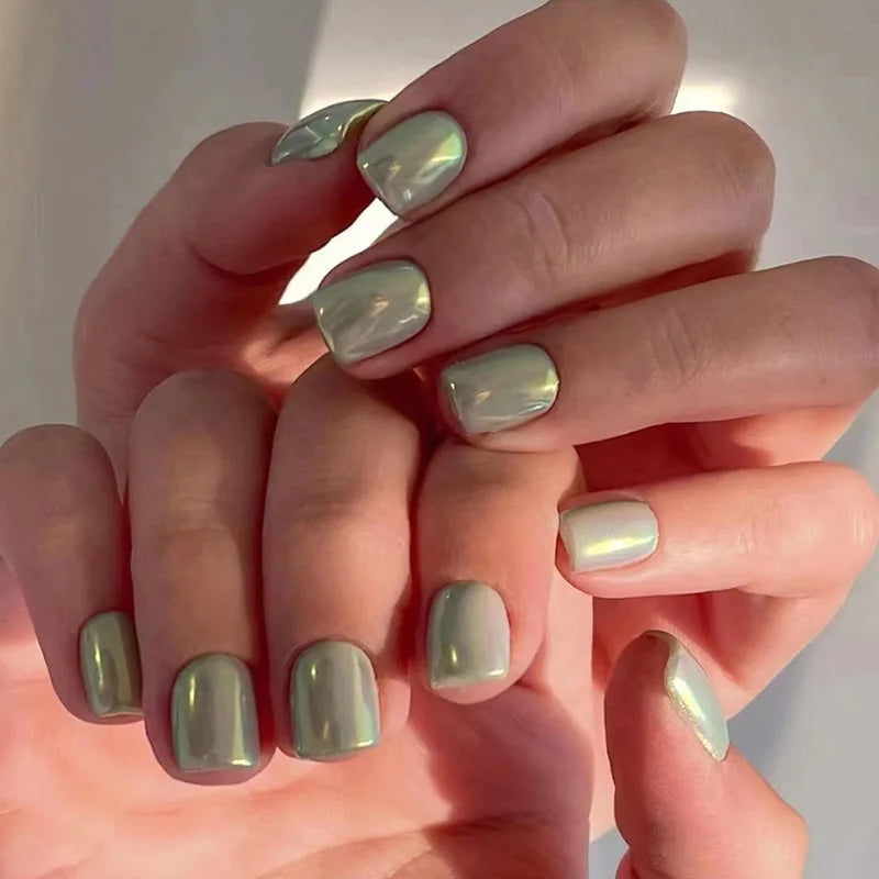 24Pcs Aurora Fake Nail with Glue Mid-length Square Head Design False Nails Simple Fashion Press on Nails Full Cover Nail Tips