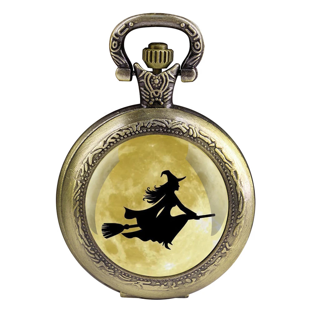 A Witch on A Broomstick Glass Dome Quartz Pocket Watch With Durable Chain Arabic Numeral Dial Halloween Gifts for Men Women Kids