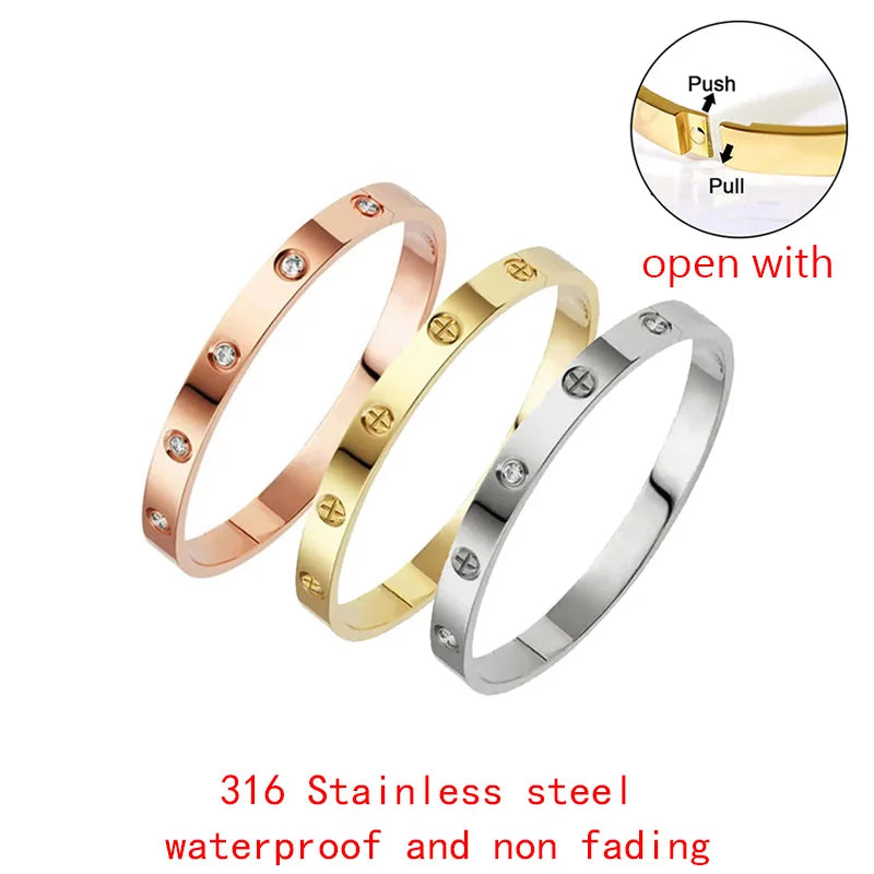 New Design Gold Color Zircon And Cross Nut Nail Bracelet Gold & Bangle For Woman Stainless Steel Screw Brand Jewelry