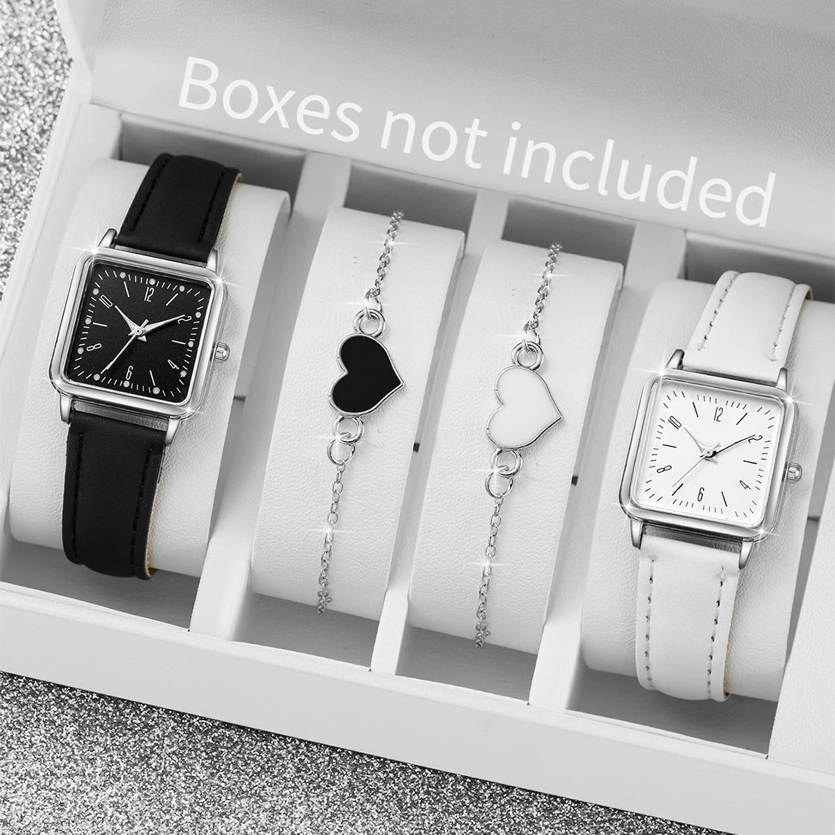 2/4PCS Fashion Square Women's Watch Leather Band Quartz Watches Heart Bracelet Set(Without Box)