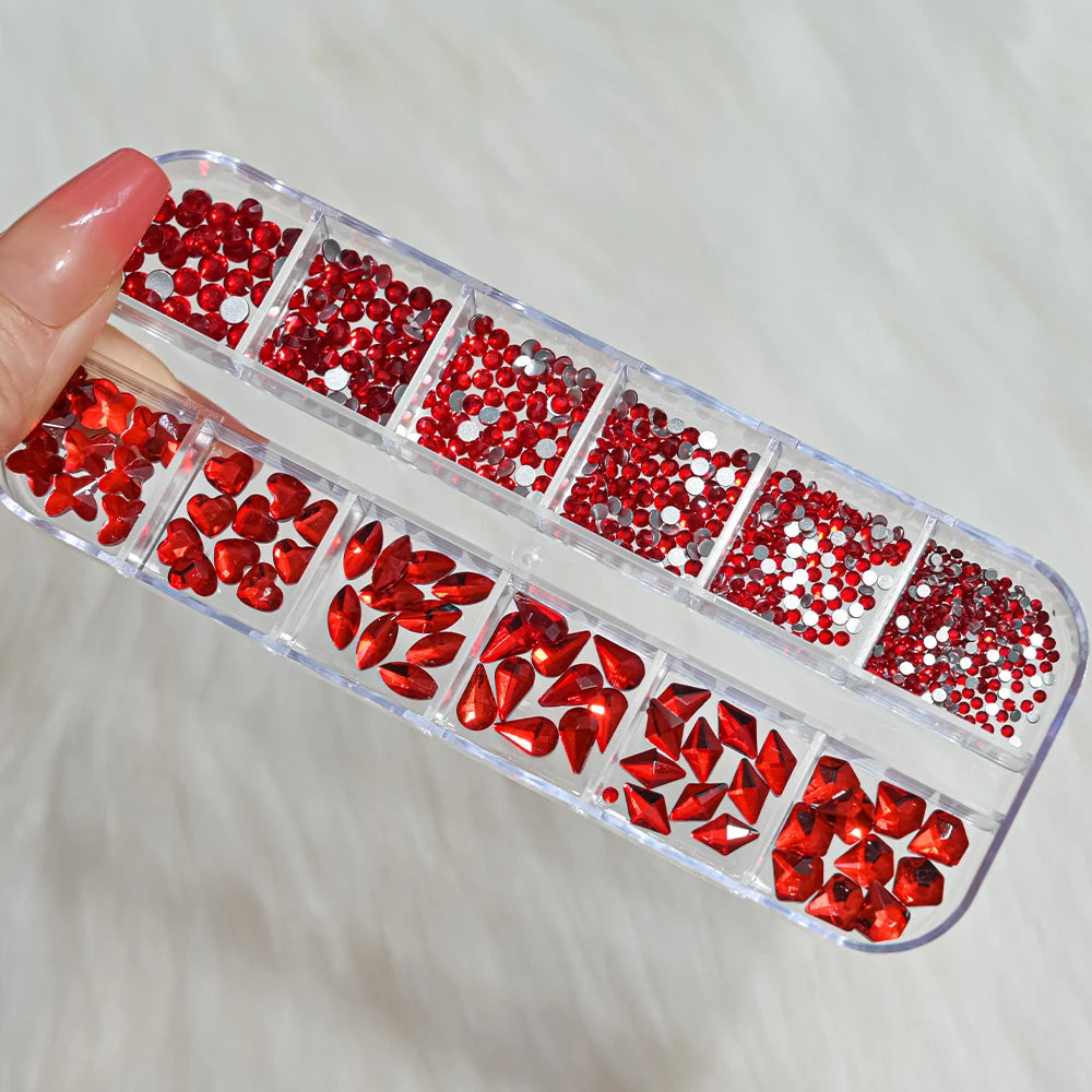 12Grids SS6-SS30 Mixed Nail Rhinestones Shiny Clear/Gold/Pink/Blue Diamond Flat-back Nail Gems Glass Stones Nails Decoration