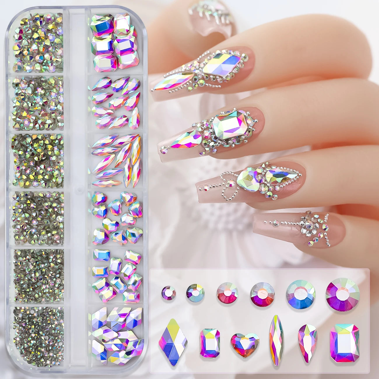 12Grids SS6-SS30 Mixed Nail Rhinestones Shiny Clear/Gold/Pink/Blue Diamond Flat-back Nail Gems Glass Stones Nails Decoration